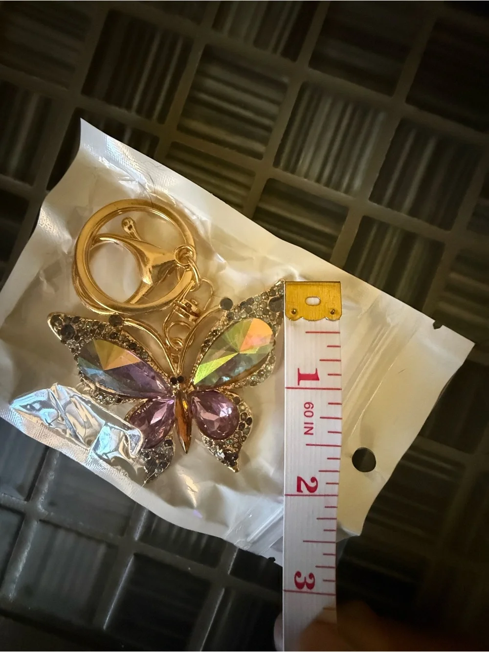 Iridescent Crystal Butterfly Keychain - Gold Hardware